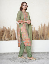 Olive Green Printed Pakistani-Style Suit with Mirror Detailing